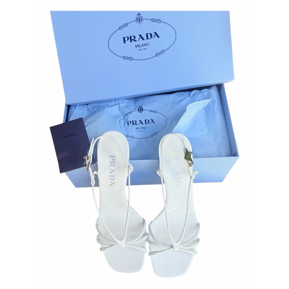 Prada Capretto Strappy Leather Kitten Heel Sandals Bianco White EU 37 NEW